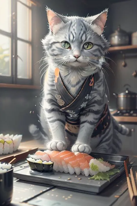 <lora:c4ttitudeflexver:0.8>, close-up photography of (grey tabby cat is preparing sushi on the table:1.2), (c4ttitude:1.3), in glasstech kitchen, hyper realistic, intricate detail, (foggy:1.1), <lora:GlassTech-20:0.8>, pov from below