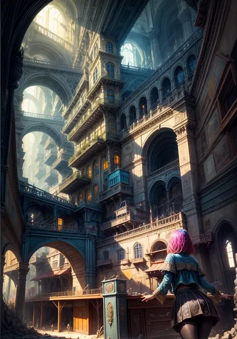 girl look at artist's fantasy city with open rooms, lots of light, incredible details, absurd colors, many mess peoples, bright and rich colors, colourful, (oversaturated:1.2), ultra realistic, hyperrealistic, trending on artstation, (intricate details:1.2), <lora:add_detail:1.6>