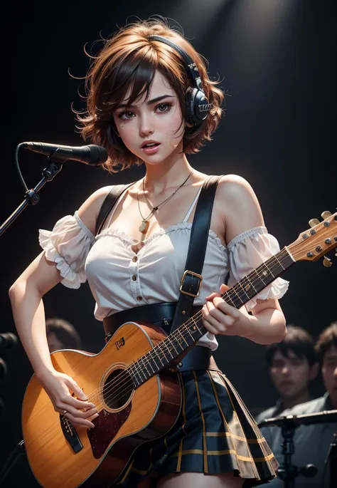 highres, shadows, absurdres, best_quality, ultra_detailed, 8k, extremely_clear, photograph, beautiful, sharp focus, hdr,
A cute pop singer with short hair and symmetrical teary eyes holds a guitar and sings into headphones, wearing a pleated skirt, with a dynamic angle, captured in a high-detailed cowboy shot, exuding a melancholy emotion, featuring soothing tones and a contrasting mix of light and shadow, all while emphasizing the subject's hair, eyes, mouth, and action in a composition that is both pleasing to the eye and thought-provoking.