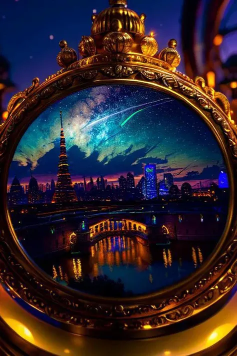 (masterpiece, best quality, intricately detailed:1.5), beautiful landscape, ivory theme, neon lights, twilight, focus on a scifi watchtower with city in background, unexpected event in background