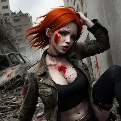 half body, ((apocalyptic)), action photo of a red head woman attacked, punk, next to ruins, blood, nsfw, detailed face, eyes, clothed mouth, corrupted clothes