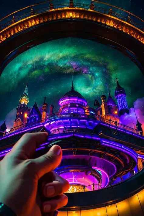 (masterpiece, best quality, intricately detailed:1.5), beautiful landscape, lavender theme, neon lights, night, focus on a scifi watchtower with city in background, unexpected event in background