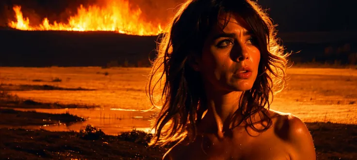 A dirty wet woman with messy hair, camera above, dramatic scene, a woman in a burning field with a fire in the background of the water, skin and hair, high-detail skin, 4k, , cinematic