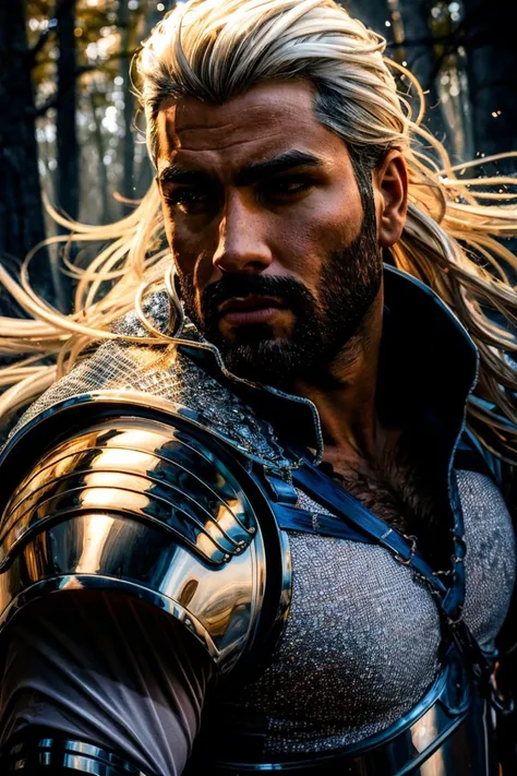 thick outlines, comics, perfect hands, masterpiece:1.2, forest, mist, dark, 1man, solo, fighting monsters, (Aragorn:Geralt of Riva:0.6), grey beard, yellow eyes, white hair, armor, chainmail, detailed background, detailed face, detailed eyes, broad shoulders, <lora:add_detail:0.7>