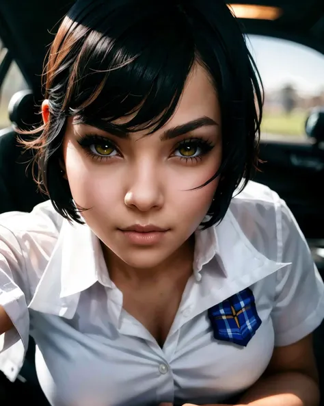 a incredibly beautiful girl with dark short hair, wearing a school uniform, detailed nose, smirk, glowing eyes