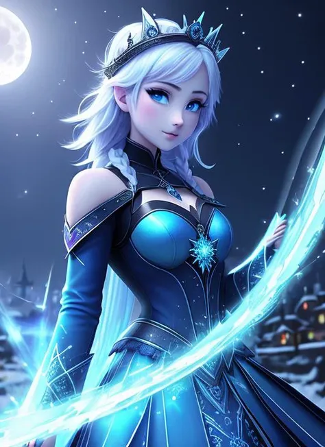 --prompt "night , ((1 girl)), alone, masterpiece, 8k wallpaper, highres, absurdres, high quality background, short hair, black hair, multicolor hair, beautiful frozen village, (full bright moon), blue dress, detailed dress, jewelry dress, (magic:1.2), blue fire, blue eyes, glowing eyes, fire, ice goddess, (blue detailed beautiful crown), electricity, blue electricity, blue light particles