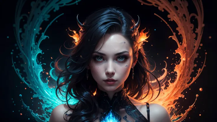 masterpiece, art, ((fractal)), woman, black background, high contrast, water, fire dress, detailed face