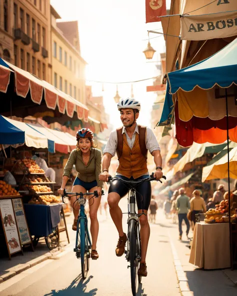 -- An expressive, watercolor-style animated figure with the attire of a classic adventurer, navigating an old-fashioned bike through a bustling, sunlit market square