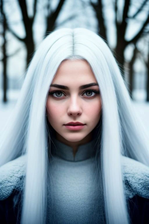 raw photo, 1girl,(White hair), long hair, detailed stunning innocent symmetry face, emotional, beautiful detailed eyes, windy, floating hair, snowy, upper body, detailed face, winter, trees, sunshine,best shadow,((best quality, masterpiece)),(realistic, photorealistic),eva_elfie, sharp focus on subject,film grain,detailed skin with visible pores, [[depth of field]]