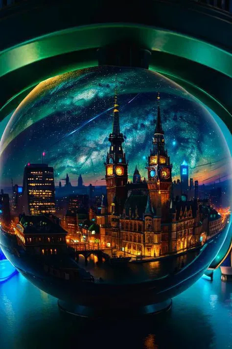 (masterpiece, best quality, intricately detailed:1.5), beautiful landscape, aquamarine theme, neon lights, night, focus on a scifi watchtower with city in background