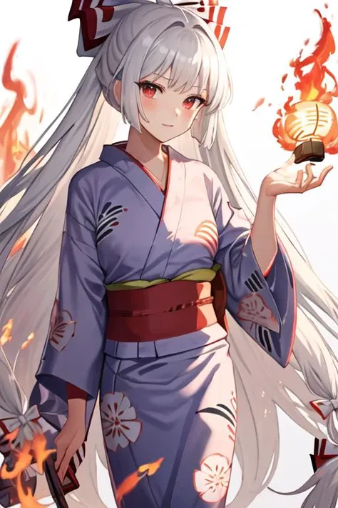 best quality, masterpiece, highres, solo, {yukata:1.40}, {kimono:1.20}, {fujiwara_no_mokou_touhou:1.15}, long_hair, bow, hair_bow, red_eyes, white_hair, suspenders, very_long_hair, bangs, white_bow, fire, hair_ribbon