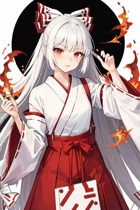 best quality, masterpiece, highres, solo, {white kimono:1.35}, {red hakama:1.35}, {wide sleeves:1.20}, {fujiwara_no_mokou_touhou:1.15}, long_hair, bow, hair_bow, red_eyes, white_hair, suspenders, very_long_hair, bangs, white_bow, fire, hair_ribbon