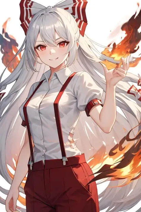 best quality, masterpiece, highres, solo, {fujiwara_no_mokou_touhou:1.15}, long_hair, bow, hair_bow, red_eyes, white_hair, suspenders, very_long_hair, bangs, white_bow, fire, hair_ribbon, 1girl, collared_shirt, looking_at_viewer, pants, red_pants, shirt, short_sleeves, white_shirt, cowboy_shot, hand_up, wing_collar, black_background, hand_in_pocket, standing, torn_clothes, torn_sleeves, breasts, hair_between_eyes, puffy_short_sleeves, puffy_sleeves, smile