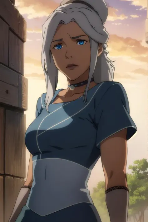 avatarkya, <lora:avatar kya-lora-nochekaiser:1>,
kya, long hair, ponytail, grey hair, hair bun, single hair bun, blue eyes, dark skin, dark-skinned female,
BREAK dress, jewelry, boots, choker, blue dress, grey footwear,
BREAK outdoors, forest, nature, grass, trees, sun, sky, clouds,
BREAK looking at viewer, (cowboy shot:1.5),
BREAK <lyco:GoodHands-beta2:1>, (masterpiece:1.2), best quality, high resolution, unity 8k wallpaper, (illustration:0.8), (beautiful detailed eyes:1.6), extremely detailed face, perfect lighting, extremely detailed CG, (perfect hands, perfect anatomy),