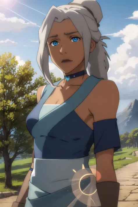 avatarkya, <lora:avatar kya-lora-nochekaiser:1>,
kya, long hair, ponytail, grey hair, hair bun, single hair bun, blue eyes, dark skin, dark-skinned female,
BREAK dress, jewelry, boots, choker, blue dress, grey footwear,
BREAK outdoors, forest, nature, grass, trees, sun, sky, clouds,
BREAK looking at viewer, (cowboy shot:1.5),
BREAK <lyco:GoodHands-beta2:1>, (masterpiece:1.2), best quality, high resolution, unity 8k wallpaper, (illustration:0.8), (beautiful detailed eyes:1.6), extremely detailed face, perfect lighting, extremely detailed CG, (perfect hands, perfect anatomy),
