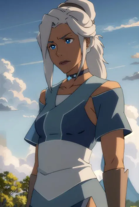 avatarkya, <lora:avatar kya-lora-nochekaiser:1>,
kya, long hair, ponytail, grey hair, hair bun, single hair bun, blue eyes, dark skin, dark-skinned female,
BREAK dress, jewelry, boots, choker, blue dress, grey footwear,
BREAK outdoors, forest, nature, grass, trees, sun, sky, clouds,
BREAK looking at viewer, (cowboy shot:1.5),
BREAK <lyco:GoodHands-beta2:1>, (masterpiece:1.2), best quality, high resolution, unity 8k wallpaper, (illustration:0.8), (beautiful detailed eyes:1.6), extremely detailed face, perfect lighting, extremely detailed CG, (perfect hands, perfect anatomy),