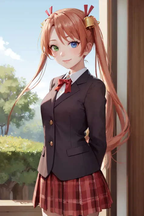 (masterpiece, best quality:1.2), <lora:mahousensei_kagurazaka-10:1>, cowboy shot, solo, 1girl, kagurazaka asuna, smile, closed mouth, looking at viewer, heterochromia, green eyes, blue eyes, arms behind back, school uniform, red blazer, long sleeves, plaid skirt