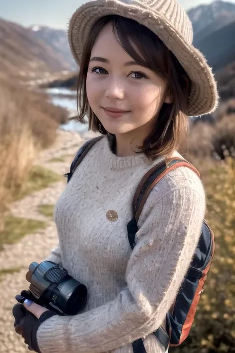 1girl ((upper body selfie, happy)), masterpiece, best quality, ultra-detailed, solo, outdoors, (night), mountains, nature, (stars, moon) cheerful, happy, backpack, sleeping bag, camping stove, water bottle, mountain boots, gloves, sweater, hat, flashlight, forest, rocks, river, wood, smoke, shadows, contrast, clear sky, analog style, (look at viewer:1.2), (skin texture), (film grain:1.3), (warm hue, warm tone :1.2), close up, cinematic light, sidelighting, ultra high res, best shadow, RAW, upper body, wearing pullover