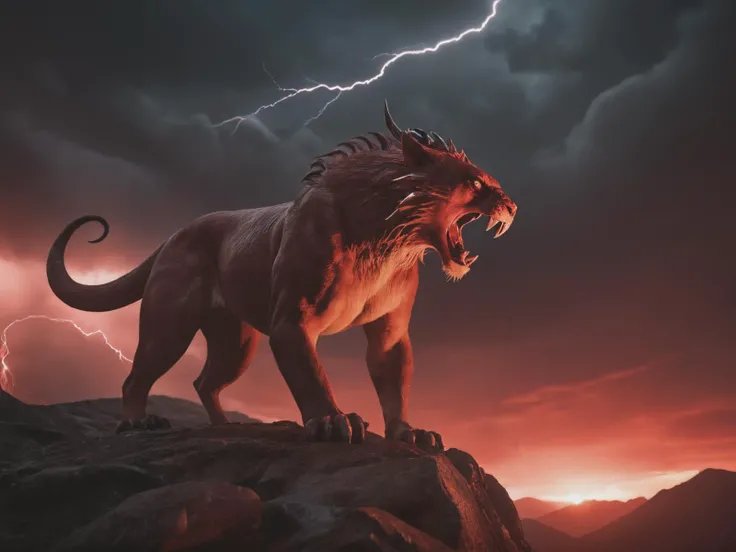 cinematic photo epic fantasy, wide angle view, bloodred sky,  red moonlight is lightning the dark frightening scene, <lora:add-detail-xl:1.8>,
chimera with fearsome roar . 35mm photograph, film, bokeh, professional, 4k, highly detailed