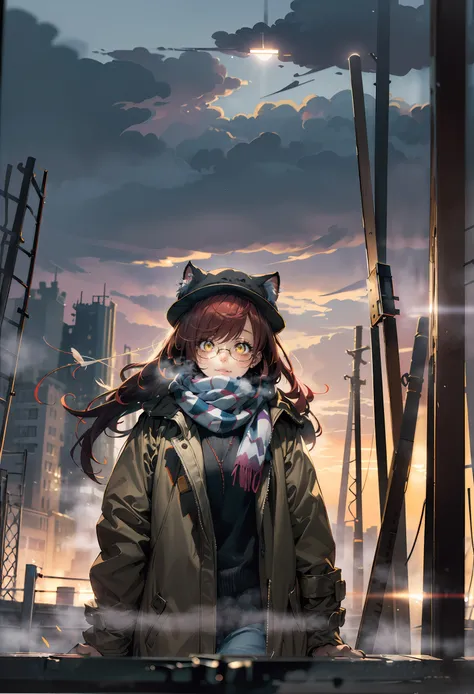 ((best quality)), (((masterpiece))), (highres), original, extremely detailed 8K wallpaper, (an extremely delicate and beautiful girl with Luminous digital cat ears and coat,dark red long disheveled hair,glasses,scarf,feather and hat),(spirit),(beautiful detailed yellow eyes),(thick eyeshadow),world masterpiece theater, depth of field,(tribal totem),(glowing digital gold pattern in clothes),torn clothes, enderman, solo,virtuous woman, Purple long hair,Black Sweater, torn clothes, arrogant smile, despair, detailed background,beautiful detailed shadow, dust, light shafts, good lighting,purple light,(a building in a field with clouds in the background and a sky with clouds above it,)