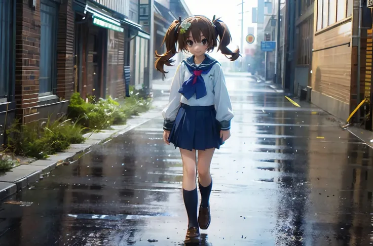 Sana Kurata, cute, smile, anoyed, twin tails, brown hair, dark blue school uniform, full body, waling down a road,<lora:1668308323891396345:1>
