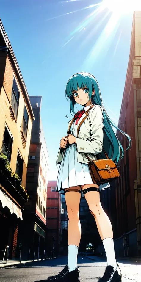 <lora:Yuki Kaori:0.8>,
1girl, solo, long hair, holding, skirt, holding bag, socks, braid, outdoors, white skirt, bag, standing, black footwear, bangs, aqua hair, shoes, loafers, looking at viewer, long sleeves, full body, pleated skirt, sunlight, day, thigh strap, building, aqua eyes, white socks, shirt, white jacket, jacket, closed mouth, plant, very long hair, from below, shopping bag, arch, parted lips,