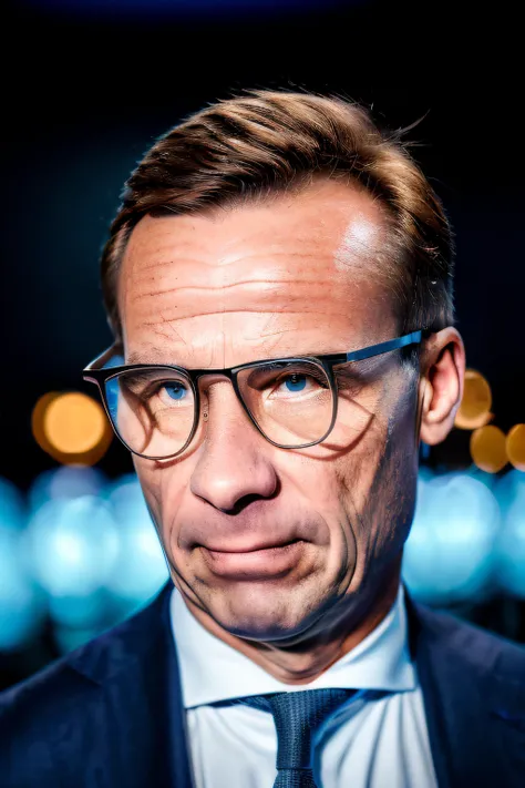 ((masterpiece)) ((high quality)) ((professional)) DSLR photograph of (UlfKristersson) wearing glasses, blue suit, Moon light in the background, masterful, (close up composition:1.3) two tone lighting <lora:ulf_kristersson_vng:1.0>, (absurdres), raw, sharp, detailed