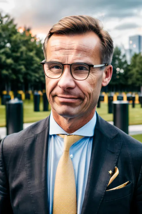 ((masterpiece)) ((high quality)) ((professional)) DSLR photograph of (UlfKristersson) wearing glasses, black and gold suite, volumetric red clouds in the background, masterful, (portrait composition:1.3) two tone lighting <lora:ulf_kristersson_vng:0.9>, (absurdres), raw, sharp, detailed