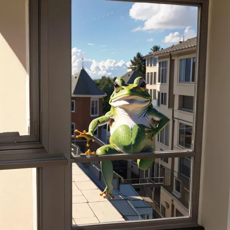 <lora:Whats_Through_The_Window_-_By_DICE:0.85> (sneak peek through window) a giant frog
