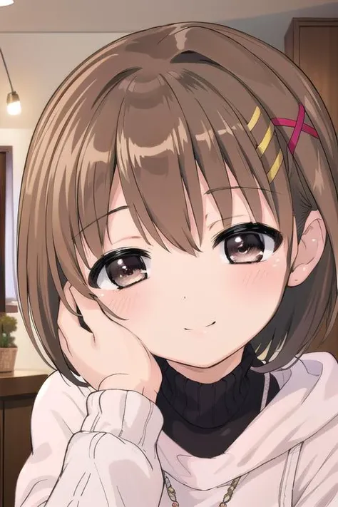 masterpiece,best quality,ultra detail, girl,12yo,hand on another's cheek,close up, shiny eyes,smile,blush,brown shorthair,portrait<lora:nanoha-movie-2nd-yagami-hayate:0.7>yagami-hayate,winter outfit, <lora:hand_on_another's_face_v1:0.7>,indoor,night,darkroom