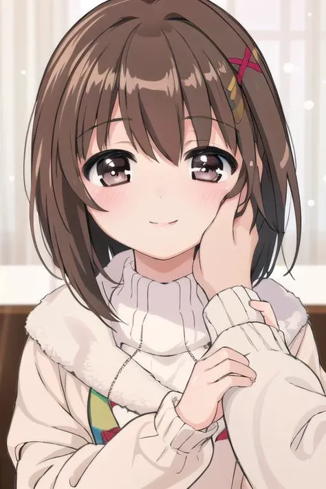 masterpiece,best quality,ultra detail, girl,12yo,hand on another's cheek,close up, shiny eyes,smile,blush,brown hair,portrait<lora:nanoha-movie-2nd-yagami-hayate:0.7>yagami-hayate,winter outfit, <lora:hand_on_another's_face_v1:0.8>