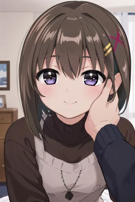 masterpiece,best quality,ultra detail, girl,pov,12yo,bedroom,dark,deep shadow,indoor,night,dark lighting,faceing at viewer,leaning forward,hand on another's cheek,close up, shiny eyes,smile,blush,brown shorthair,<lora:nanoha-movie-2nd-yagami-hayate:0.7>yagami-hayate,winter outfit, <lora:hand_on_another's_face_v1:0.7>