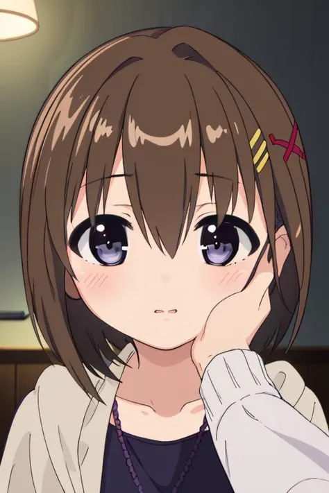 masterpiece,best quality,ultra detail, girl,pov,12yo,bedroom,(dark,deep shadow,night,dark lighting),hand on another's cheek,close up, shiny eyes,,blush,brown shorthair,<lora:nanoha-movie-2nd-yagami-hayate:0.7>yagami-hayate, <lora:hand_on_another's_face_v1:0.7>