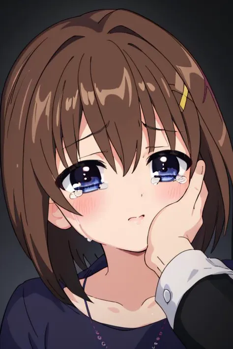 masterpiece,best quality,ultra detail, girl,pov,12yo,bedroom,(dark,deep shadow,night,dark lighting),hand on another's cheek,close up, shiny eyes,kiss,tears,,blush,brown shorthair,<lora:nanoha-movie-2nd-yagami-hayate:0.7>yagami-hayate, <lora:hand_on_another's_face_v1:0.7>