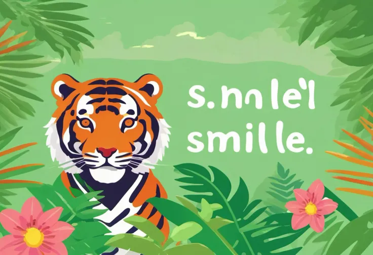 (text saying "SMELL"), In the jungle, the tiger is sniffing a flower,(no humans)