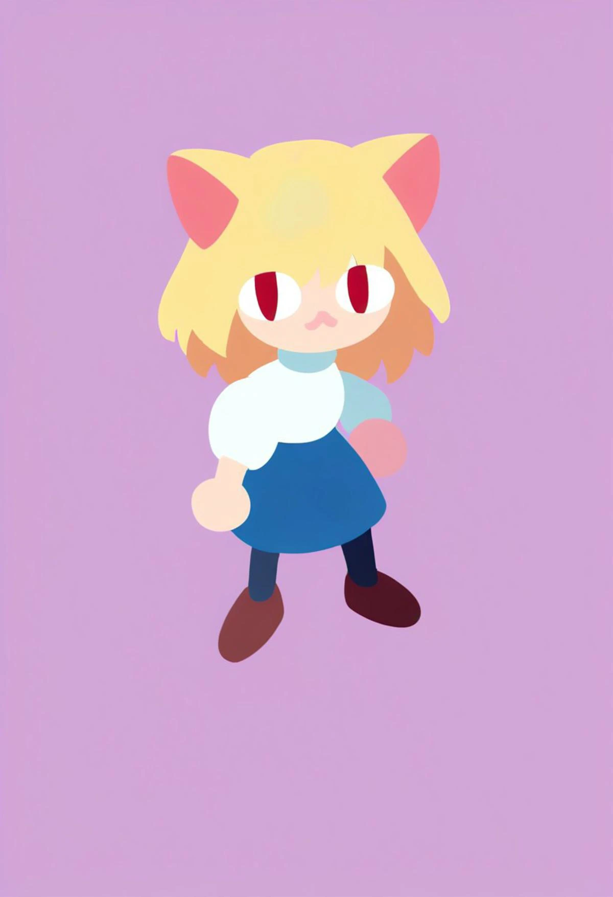 score_9, score_8_up, score_7_up, score_6_up, score_5_up, score_4_up, rating_safe,source_cartoon,kurzgesagt,necoarc,blonde hair, red eyes, slit pupils, cat ears, :3, chibi,turtleneck, white shirt, blue skirt, pleated skirt, pantyhose, brown footwear