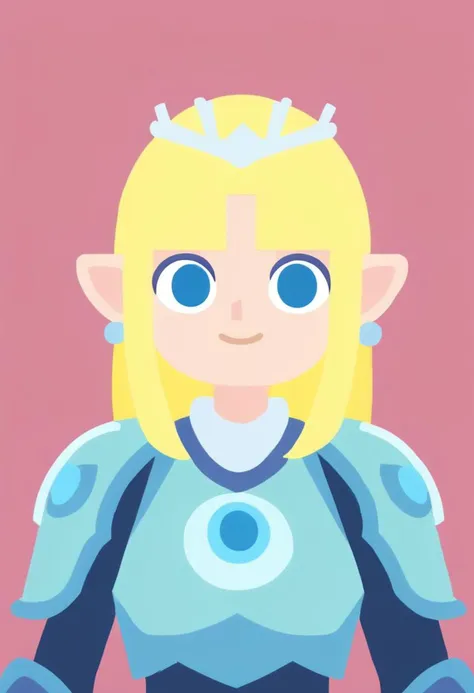 source_cartoon, kurzgesagt,
1girl, solo, portrait, bangs, tiara, smile, earrings, jewelry, pauldrons, blonde hair, blue eyes, blunt bangs, parted bangs, pointy ears, armor, looking at viewer, necklace, shoulder armor, triforce