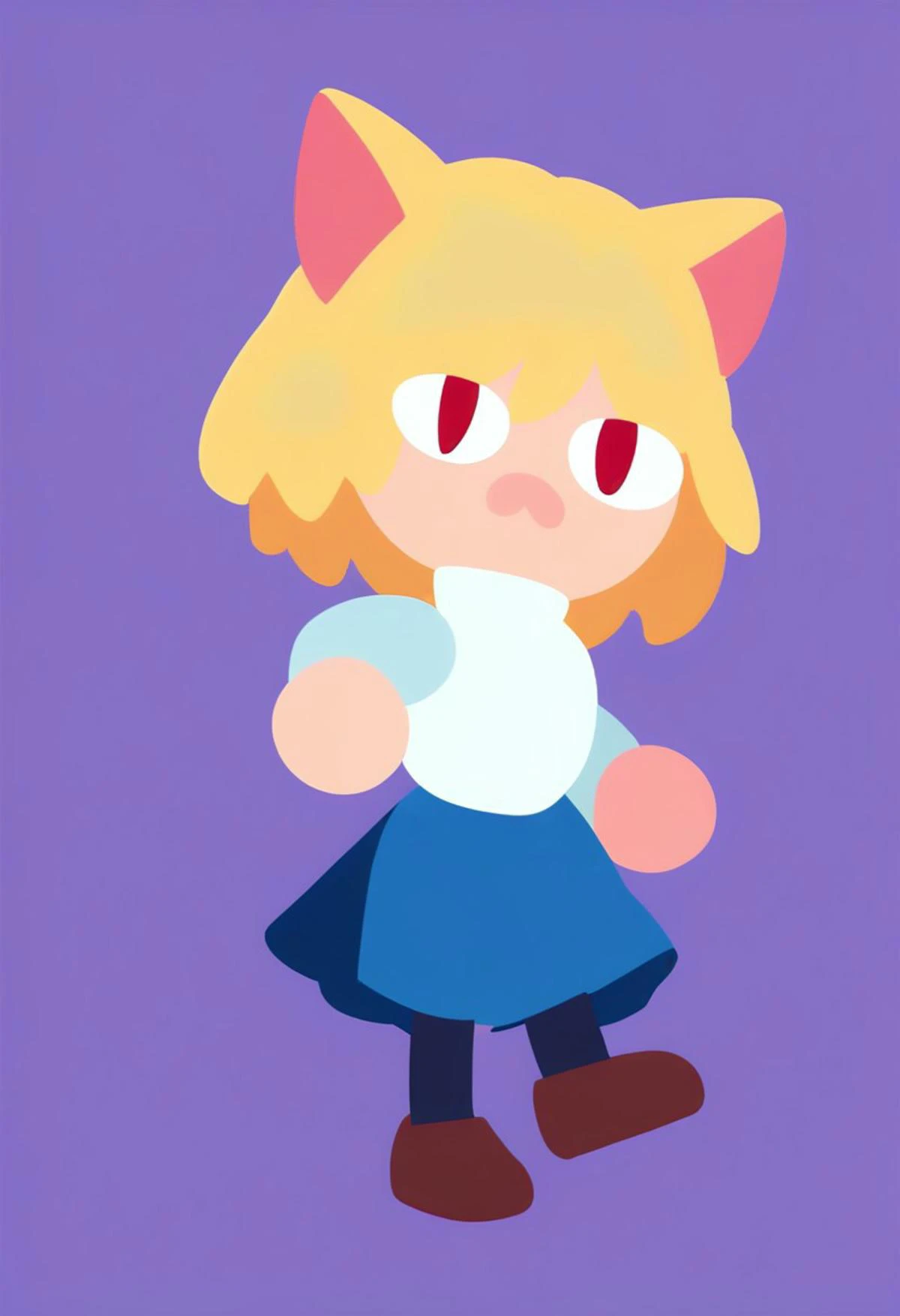 score_9, score_8_up, score_7_up, score_6_up, score_5_up, score_4_up, rating_safe,source_cartoon,kurzgesagt,necoarc,blonde hair, red eyes, slit pupils, cat ears, :3, chibi,turtleneck, white shirt, blue skirt, pleated skirt, pantyhose, brown footwear