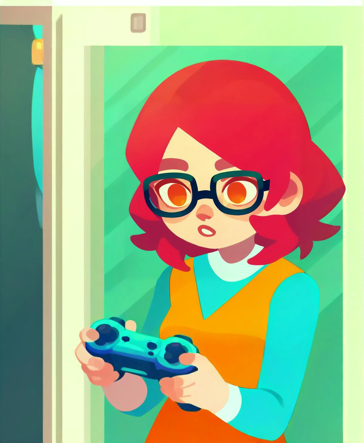 score_9_up, score_8_up, score_7_up, rating_safe, holding controller, 1girl, glasses, medium hair, crimson hair, sliced bob, dark orange eyes, pale skin, small breasts
, indoors, in an elevator, <lora:kurzgesagt_v1:1>, source_cartoon, kurzgesagt