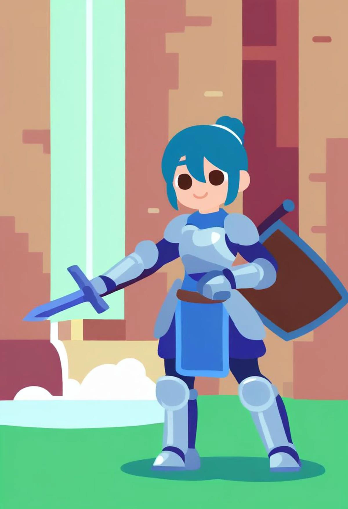 source_cartoon, kurzgesagt,
1girl, solo, braid, sidelocks, hairband, smile, armor, armored boots, armored dress, blue dress, blue hair, boots, braided bun, brown eyes, brown hairband, buckler, closed mouth, dress, gauntlets, greatsword, hair between eyes, hair bun, holding, holding sword, holding weapon, pelvic curtain, shadow, shield, short hair, sword, weapon, outdoors, waterfall, day