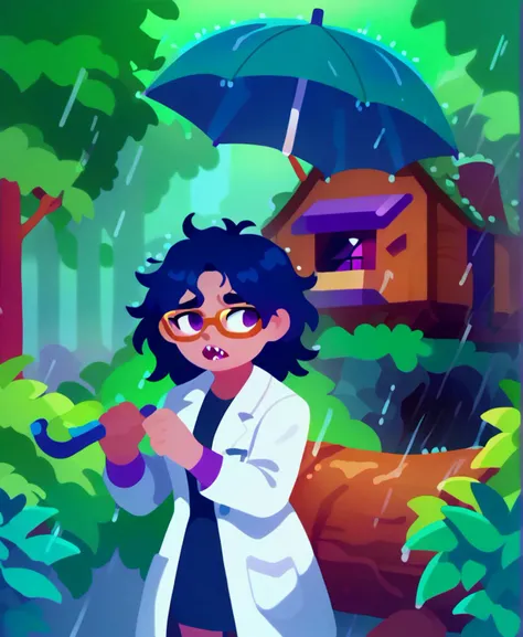 score_9_up, score_8_up, score_7_up, <lora:Pony_QualityV4.0:.75>, dynamic pose, cowboy shot, 1girl, glasses, mad scientist, medium hair, dark blue hair, (messy hair), purple eyes, <lora:uneven_eyes_v1_pruned:.7>, uneven eyes, sharp teeth, lab coat
, outdoors, in a forest, trail, forest canopy, log cabin, <lora:Rain (pony) v1:1>, rain, heavy rain, cloudy, dark, umbrella, holding umbrella, <lora:kurzgesagt_v1:1>, source_cartoon, kurzgesagt