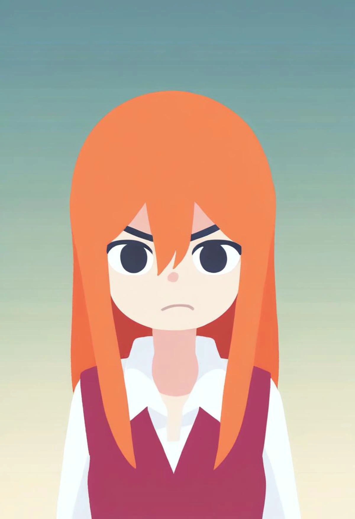 source_cartoon, kurzgesagt,
1girl, solo, portrait, bangs, frown, serious, angry, collarbone, orange hair, long hair, black eyes, hair between eyes, closed mouth, gradient background, shirt, looking at viewer, collared shirt, white shirt, gradient, red vest