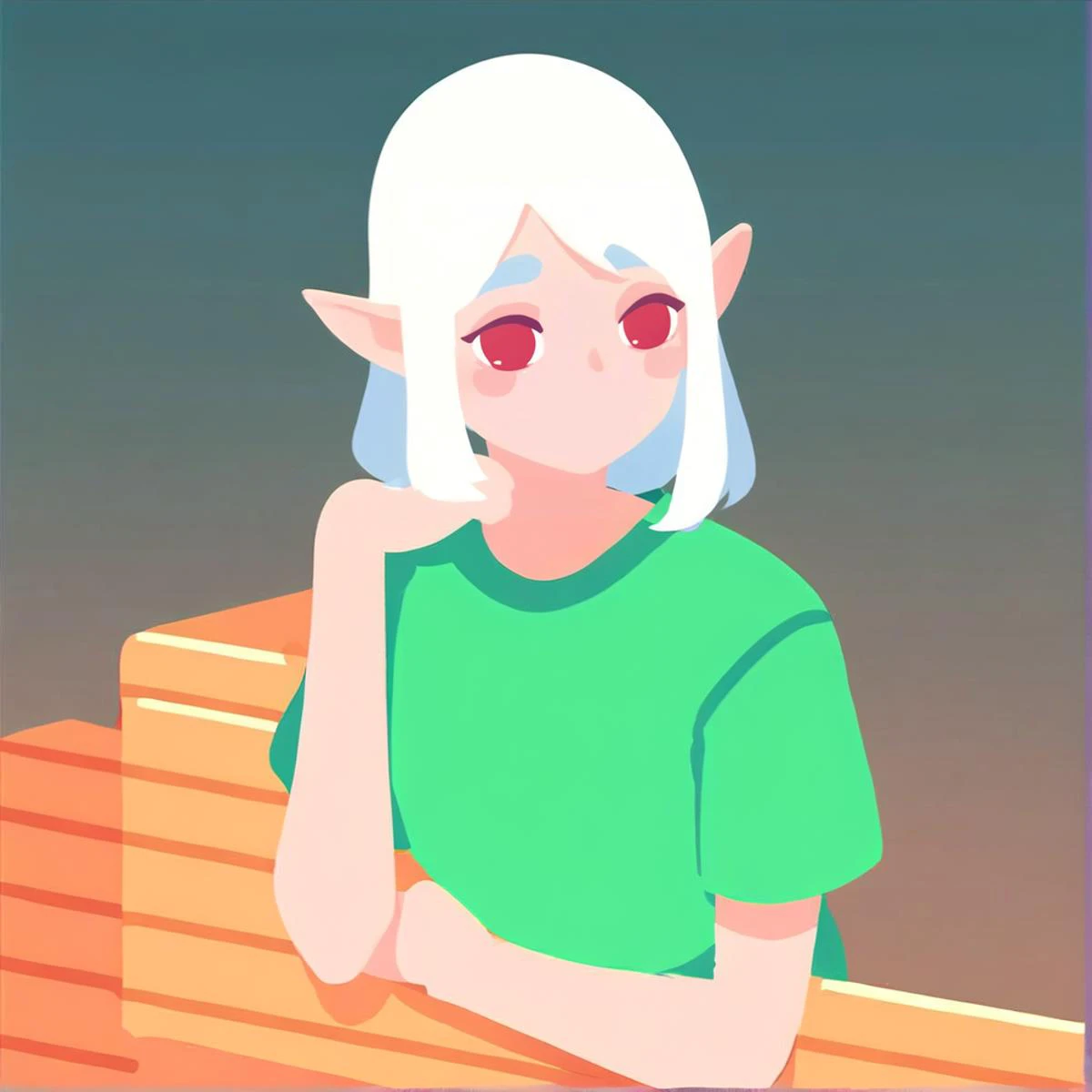 elf girl, white hair ,red eyes, green t-shirt, bottomless, sitting on a wooden box, <lora:kurzgesagt_v1:1> source_cartoon, kurzgesagt, before and after,, score_9, score_8_up, score_7_up, score_6_up,