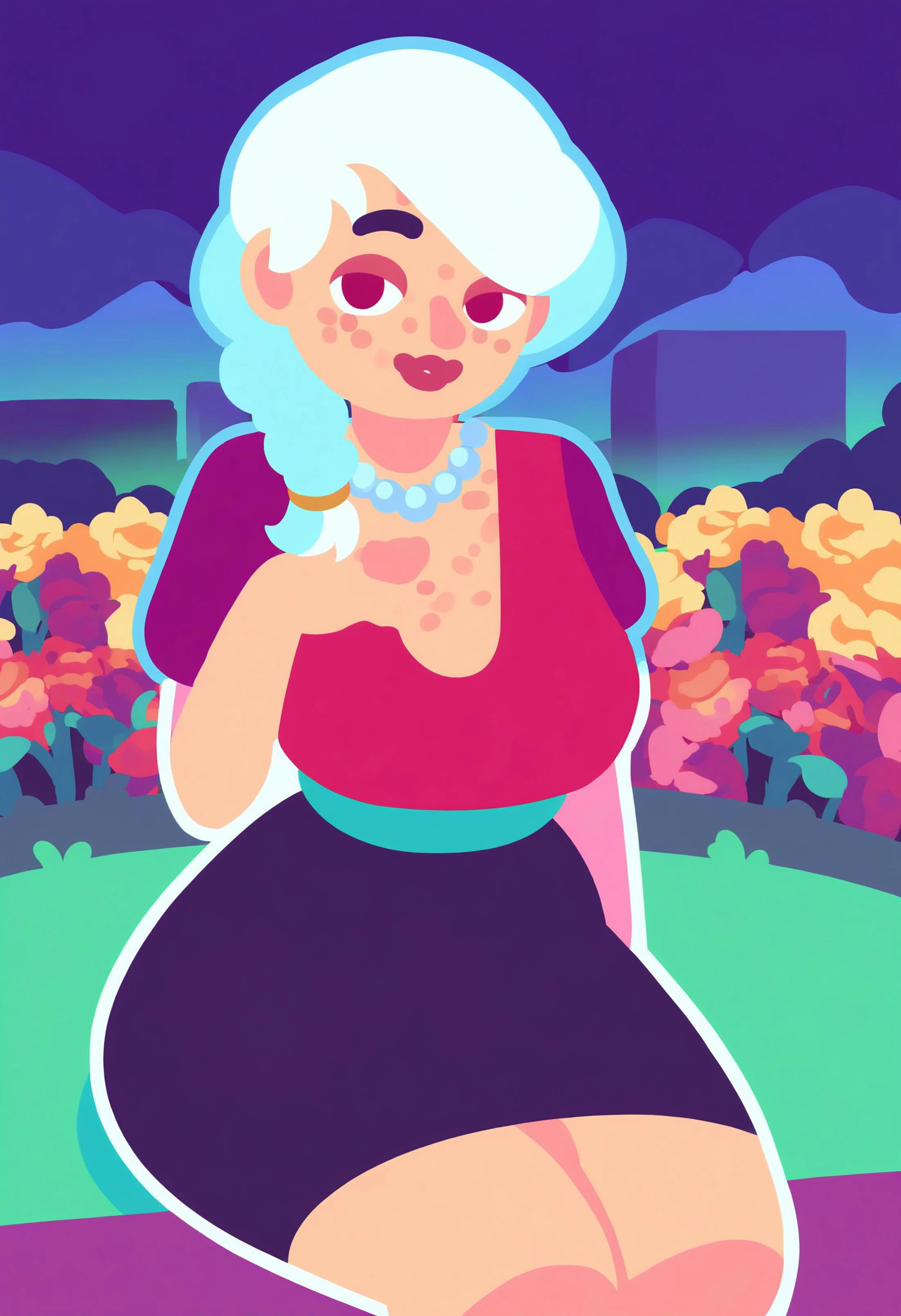 score_9, score_8_up, score_7_up,
cowboy shot,
milf, white hair, braided ponytail, seductive red eyes, black eyeliner, freckles, full lips, plunging_neckline, jewel necklace, freckles on skin, looking at viewer, confident,
black peasant dress, smiling, wide hips, sitting, hand on own chest,
outdoors, night, romantic setting, park, roses,
<lora:kurzgesagt_v1:1> source_cartoon, outline,
