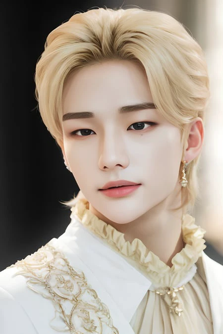 hyunstayv2, front facing, twink, parted lips, (blonde hair:1.2), white and gold prince regal outfit, frilly clothing, (ultra realistic:1.2), (close-up photo:1.1), (gothic european castle background:1.2), (intricate:1.2), (looking at viewer:1.2),   <lora:hyunstayv2:1>