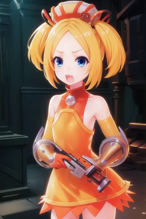 bsha, <lora:bsha-lora-nochekaiser:1>,
bsha, short hair, blue eyes, blonde hair, twintails, short twintails, <lora:talkmouth_A_v100:1>, open mouth,
BREAK gloves, hat, dress, boots, gun, huge weapon, orange footwear, orange dress, bare shoulders, red gloves,
BREAK indoors,
BREAK looking at viewer, (cowboy shot:1.5),
BREAK <lyco:GoodHands-beta2:1>, (masterpiece:1.2), best quality, high resolution, unity 8k wallpaper, (illustration:0.8), (beautiful detailed eyes:1.6), extremely detailed face, perfect lighting, extremely detailed CG, (perfect hands, perfect anatomy),