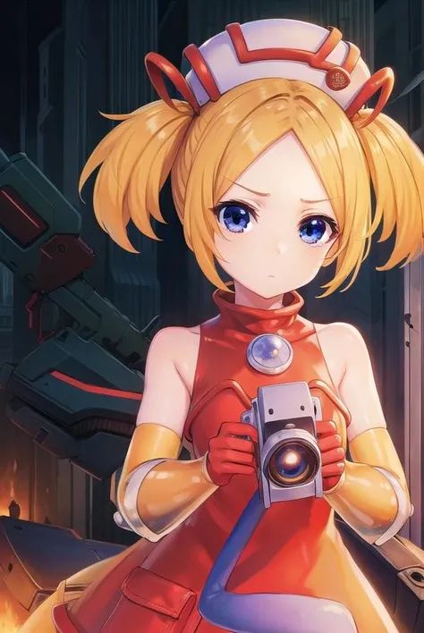 bsha, <lora:bsha-lora-nochekaiser:1>,
bsha, short hair, blue eyes, blonde hair, twintails, short twintails,
BREAK gloves, hat, dress, boots, gun, huge weapon, orange footwear, orange dress, bare shoulders, red gloves,
BREAK indoors,
BREAK looking at viewer, (cowboy shot:1.5),
BREAK <lyco:GoodHands-beta2:1>, (masterpiece:1.2), best quality, high resolution, unity 8k wallpaper, (illustration:0.8), (beautiful detailed eyes:1.6), extremely detailed face, perfect lighting, extremely detailed CG, (perfect hands, perfect anatomy),