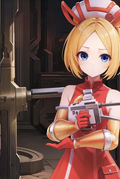 bsha, <lora:bsha-lora-nochekaiser:1>,
bsha, short hair, blue eyes, blonde hair, twintails, short twintails,
BREAK gloves, hat, dress, boots, gun, huge weapon, orange footwear, orange dress, bare shoulders, red gloves,
BREAK indoors,
BREAK looking at viewer, (cowboy shot:1.5),
BREAK <lyco:GoodHands-beta2:1>, (masterpiece:1.2), best quality, high resolution, unity 8k wallpaper, (illustration:0.8), (beautiful detailed eyes:1.6), extremely detailed face, perfect lighting, extremely detailed CG, (perfect hands, perfect anatomy),