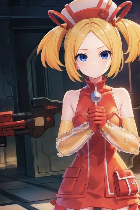 bsha, <lyco:bsha-lyco-nochekaiser:1>,
bsha, short hair, blue eyes, blonde hair, twintails, short twintails,
BREAK gloves, hat, dress, boots, gun, huge weapon, orange footwear, orange dress, bare shoulders, red gloves,
BREAK indoors,
BREAK looking at viewer, (cowboy shot:1.5),
BREAK <lyco:GoodHands-beta2:1>, (masterpiece:1.2), best quality, high resolution, unity 8k wallpaper, (illustration:0.8), (beautiful detailed eyes:1.6), extremely detailed face, perfect lighting, extremely detailed CG, (perfect hands, perfect anatomy),