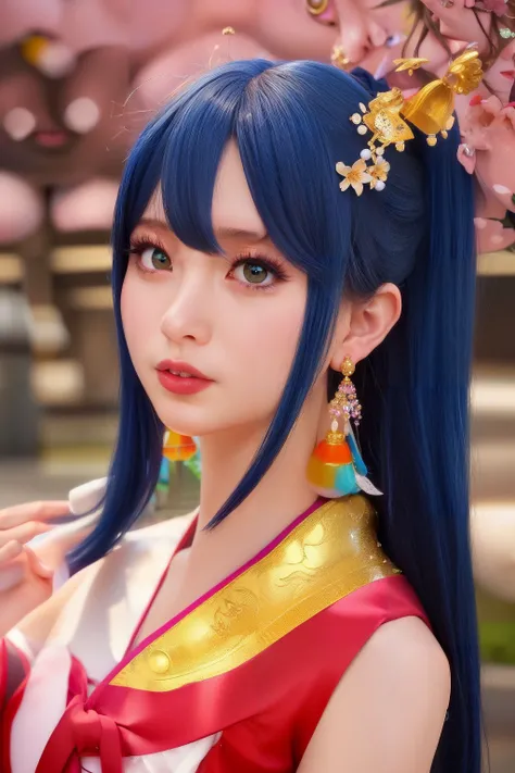arurinh, 1girl, (ulzzang-6500:0.7), kpop idol, aliga, marie rose,, sexy pose,hand on head, armpit, long hair, (multicolored hair:1.2),blue|silver_hair, best quality, (photorealistic:1.2), (hair ornament:1.35), blue eyes, extremely_detailed_eyes_and_face,detailed face,earrings, torii, cherry blossoms, lantern light, depth of field, detailed face, face focus, (looking at viewer:1.25), shiny skin, smile, thick lips, game cg, east asian architecture, blurry background, (medium breasts), close-up to face,portrait